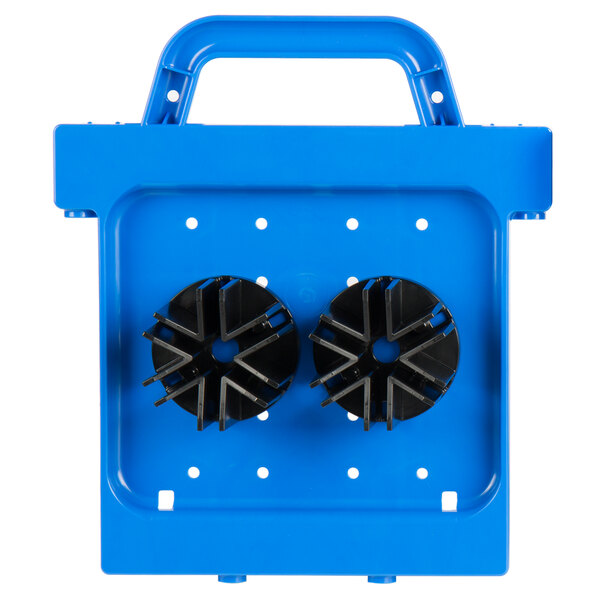 A blue plastic tool box with black circular objects.