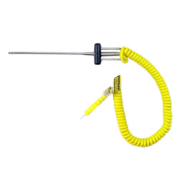A yellow coiled cable with a black handle.