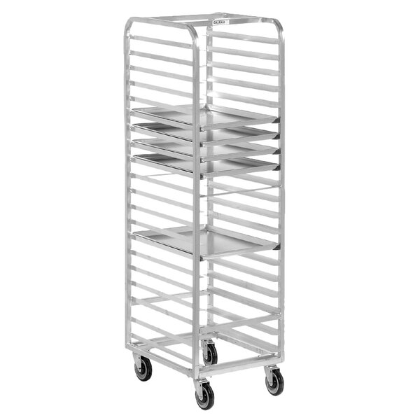 A Channel 401A aluminum sheet pan rack with shelves on wheels.