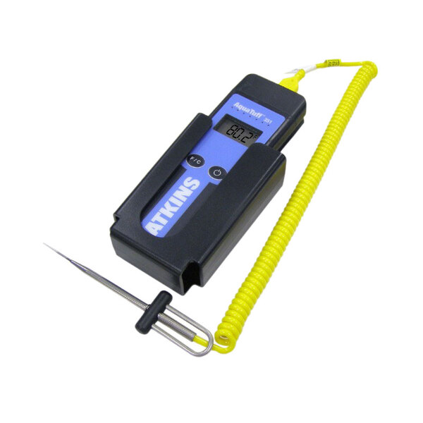 A Cooper-Atkins AquaTuff digital thermometer with a yellow cord.