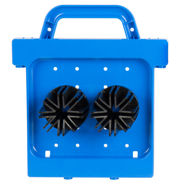 A blue plastic tool box with black metal parts including a Prince Castle Saber King 4-section wedger pusher head assembly.