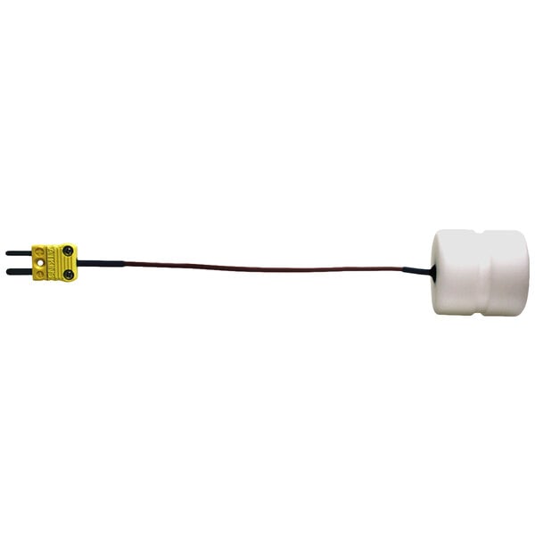 A white cylinder with a black and yellow wire and a red plug.