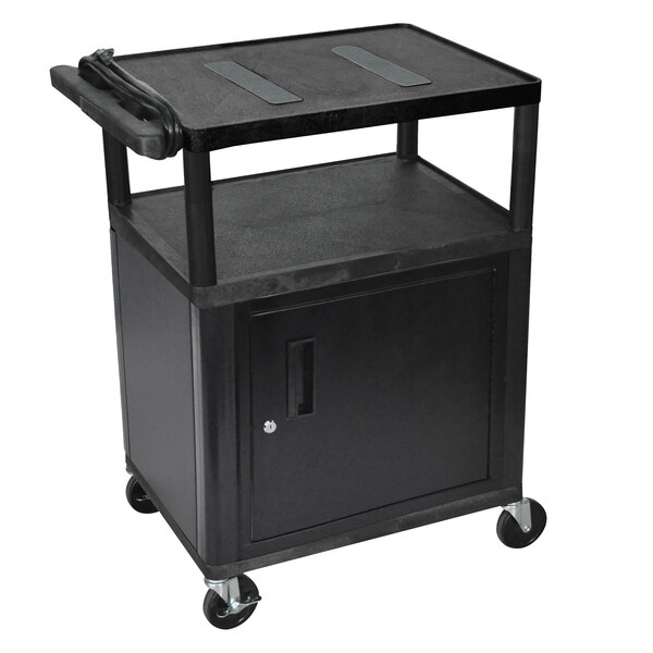 A black Luxor cart with a cabinet and shelf on wheels.