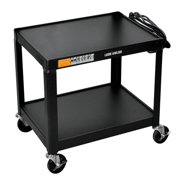 A black Luxor utility cart with 2 shelves and wheels.