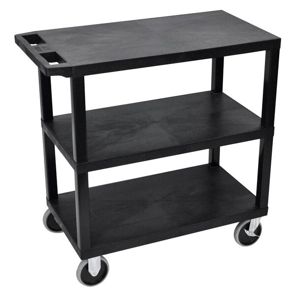 A black Luxor heavy-duty utility cart with three flat shelves and wheels.