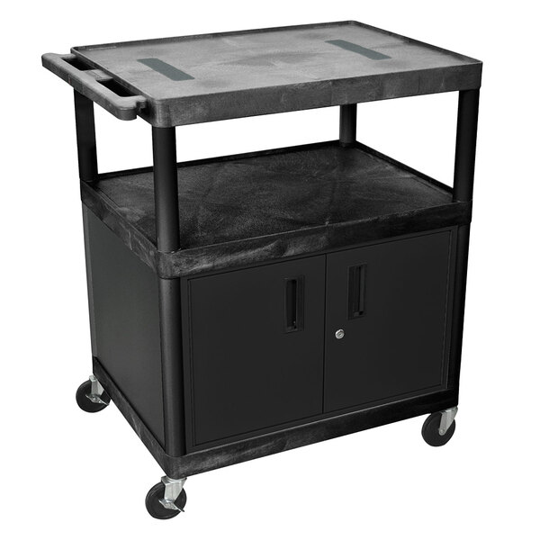 A black Luxor utility cart with a locking cabinet and shelf.