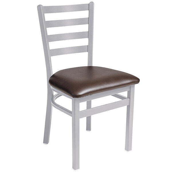 A BFM Seating metal side chair with a dark brown vinyl cushion.