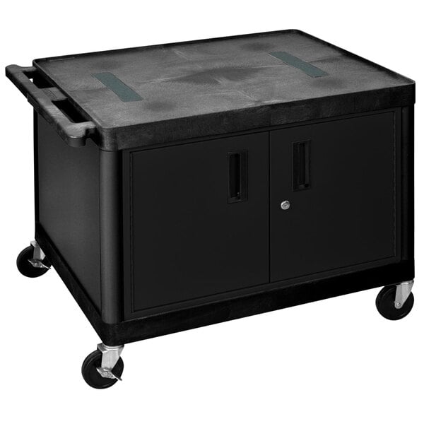 A black Luxor utility cart with wheels and a locking cabinet.