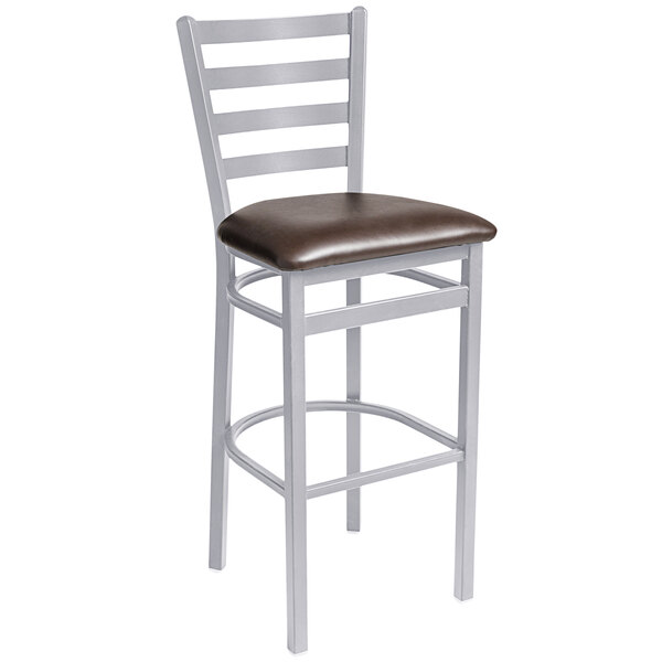A BFM Seating Lima steel restaurant bar stool with dark brown vinyl seat.