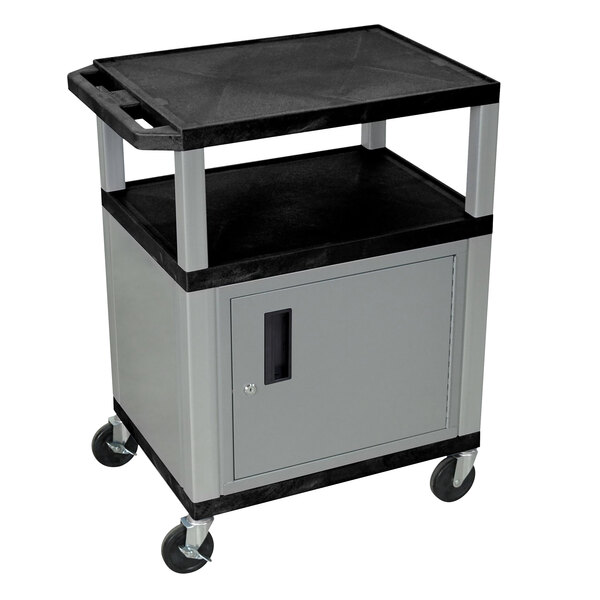 A black Luxor Tuffy A/V cart with gray legs and a shelf on wheels.