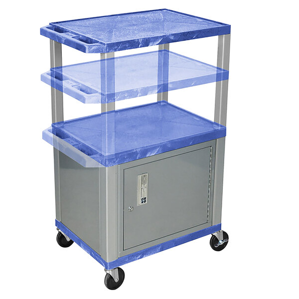 A blue Luxor Tuffy A/V cart with two shelves.