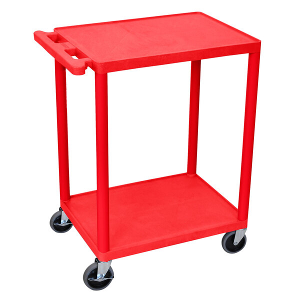 A red Luxor utility cart with wheels.