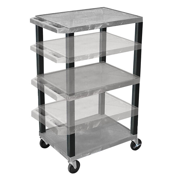 A gray Luxor Tuffy adjustable height computer cart with black legs and three plastic shelves.