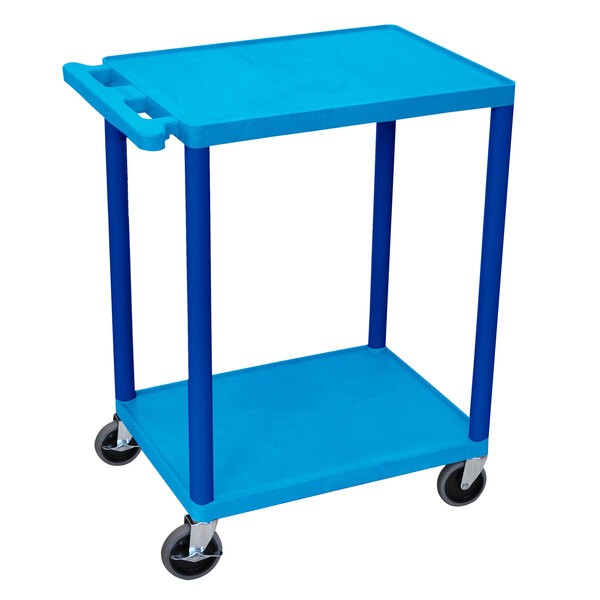 A blue Luxor utility cart with 2 shelves and wheels.