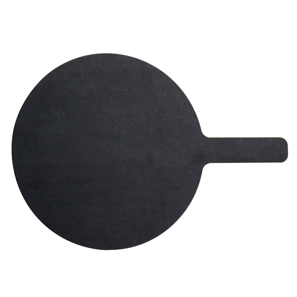 An American Metalcraft black round pizza peel with a handle.