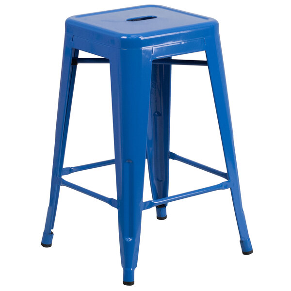 A blue Flash Furniture metal backless counter height stool with a square seat.