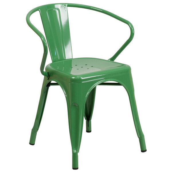 Flash Furniture CH-31270-GN-GG Green Stackable Galvanized Steel Chair with Arms, Vertical Slat Back, and Drain Hole Seat