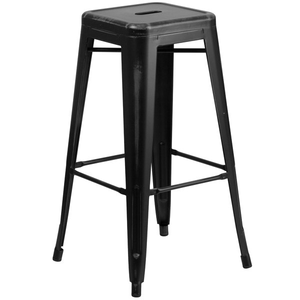 Flash Furniture ET-BT3503-30-BK-GG 30" Distressed Black Stackable Metal Indoor / Outdoor Backless Bar Height Stool with Square Drain Seat
