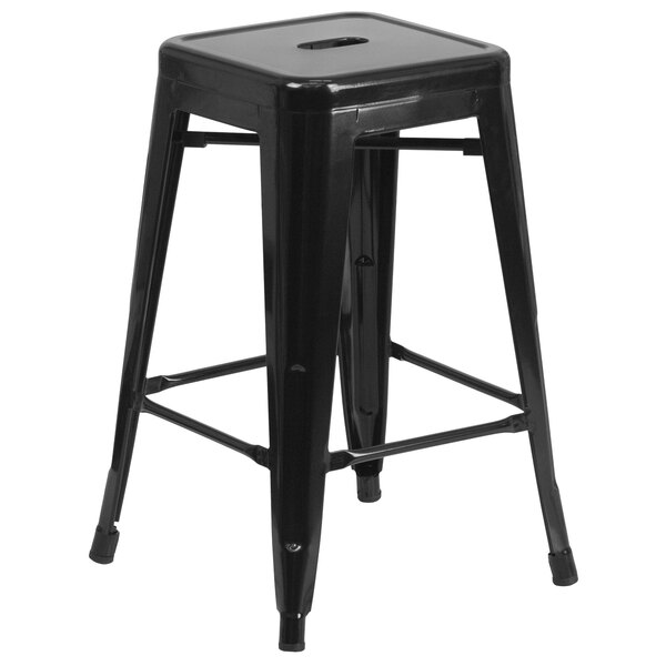 Flash Furniture CH-31320-24-BK-GG 24" Black Stackable Metal Indoor / Outdoor Backless Counter Height Stool with Square Drain Seat