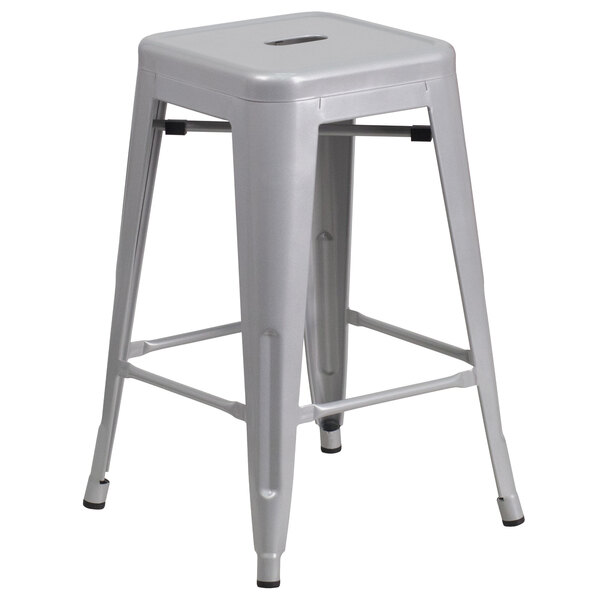 A Flash Furniture silver metal backless counter height stool with a square seat.