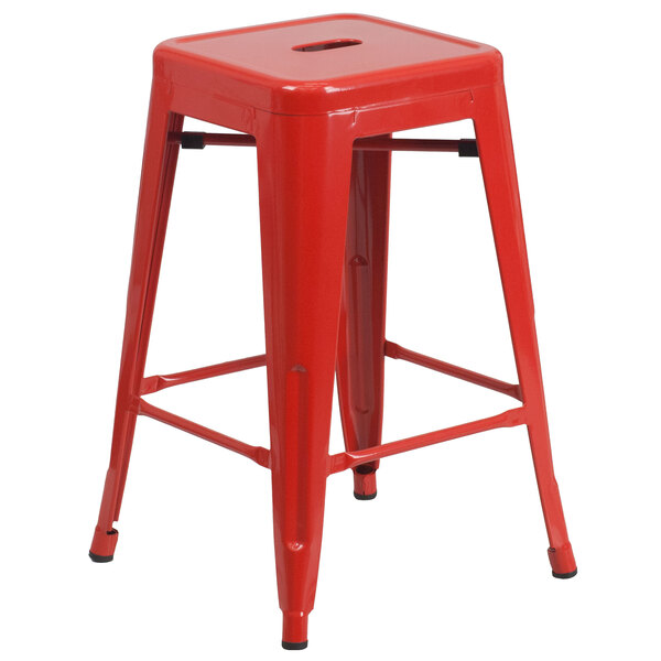 Flash Furniture CH-31320-24-RED-GG 24" Red Stackable Metal Indoor / Outdoor Backless Counter Height Stool with Square Drain Seat