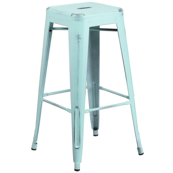 Flash Furniture ET-BT3503-30-DB-GG 30" Distressed Green-Blue Stackable Metal Indoor / Outdoor Backless Bar Height Stool with Square Drain Seat