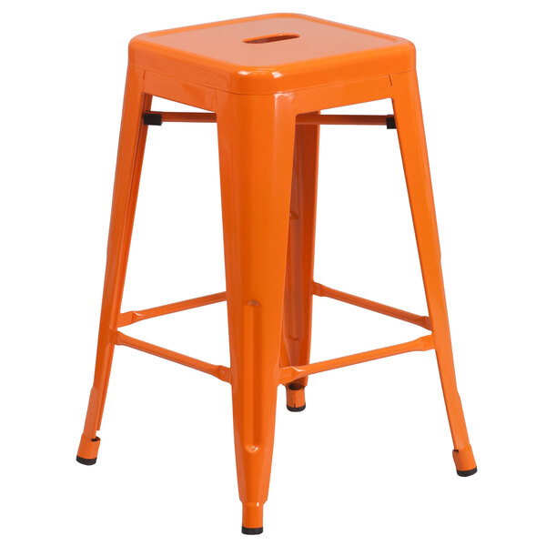 Flash Furniture CH-31320-24-OR-GG 24" Orange Stackable Metal Indoor / Outdoor Backless Counter Height Stool with Square Drain Seat