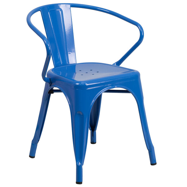 Flash Furniture CH-31270-BL-GG Blue Stackable Galvanized Steel Chair with Arms, Vertical Slat Back, and Drain Hole Seat