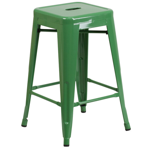 Flash Furniture CH-31320-24-GN-GG 24" Green Stackable Metal Indoor / Outdoor Backless Counter Height Stool with Square Drain Seat