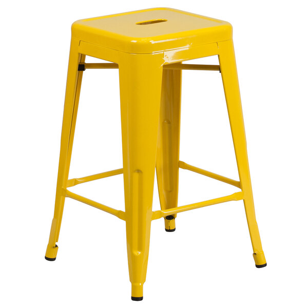 Flash Furniture CH-31320-24-YL-GG 24" Yellow Stackable Metal Indoor / Outdoor Backless Counter Height Stool with Square Drain Seat