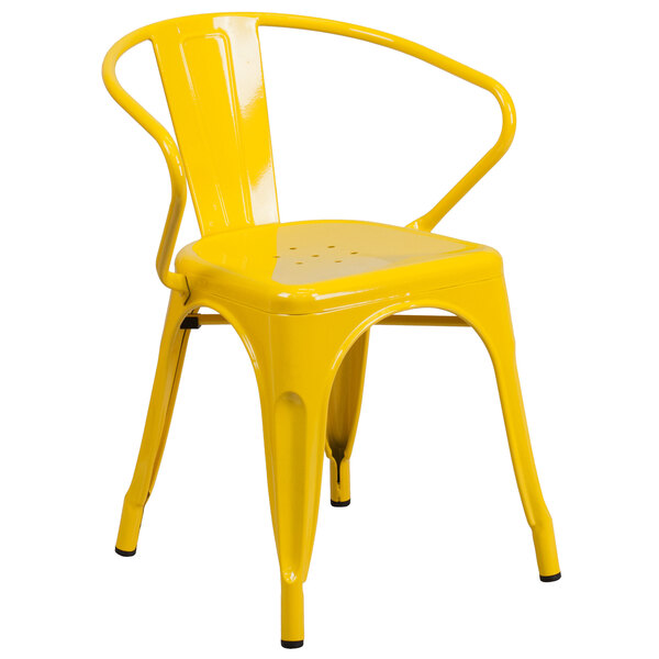 A yellow Flash Furniture metal chair with arms and a slatted back.