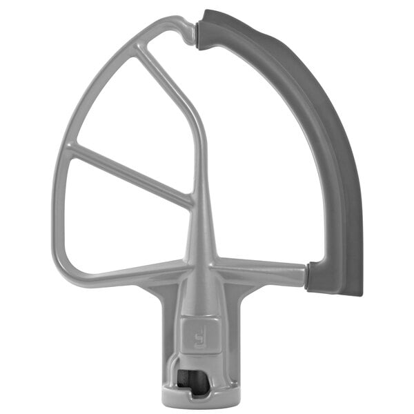 A gray metal KitchenAid flex edge beater with black handles.