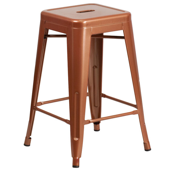 Flash Furniture ET-BT3503-24-POC-GG 24" Copper Stackable Metal Indoor / Outdoor Backless Counter Height Stool with Square Drain Seat