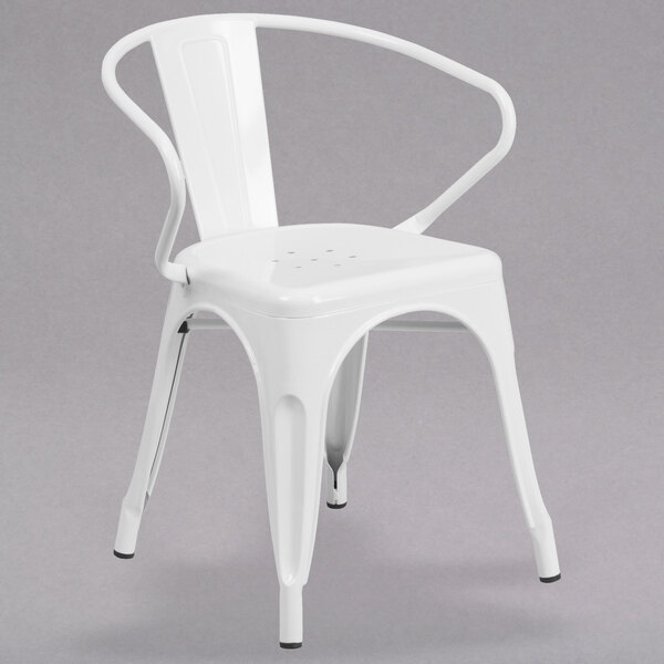 Flash Furniture CH-31270-WH-GG White Stackable Galvanized Steel Chair with Arms, Vertical Slat Back, and Drain Hole Seat