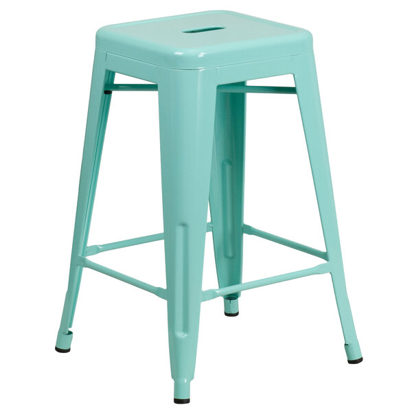 Flash Furniture ET-BT3503-24-MINT-GG 24" Mint Green Stackable Metal Indoor / Outdoor Backless Counter Height Stool with Square Drain Seat
