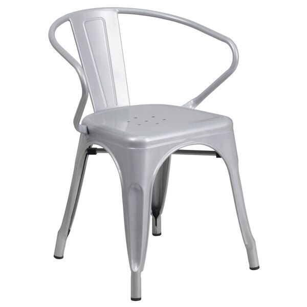 A silver Flash Furniture galvanized steel outdoor restaurant chair with armrests and a vertical slat back.