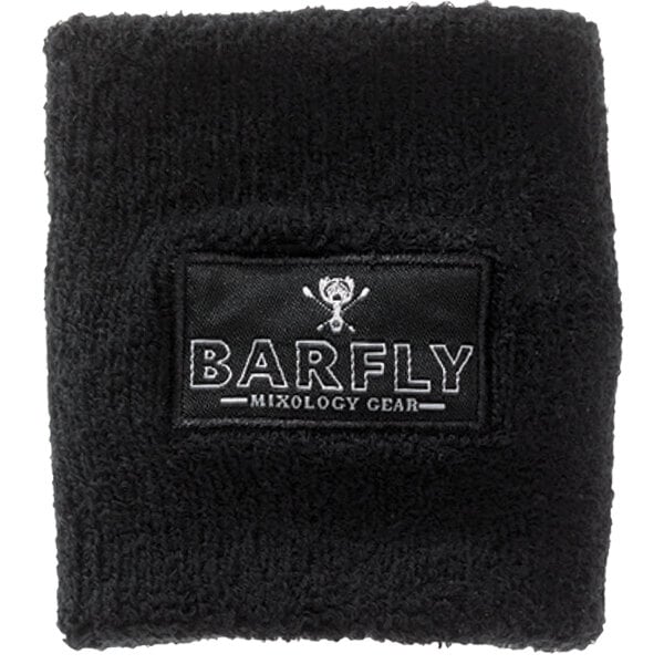 A black terry wristband with the word "Barfly" in white.