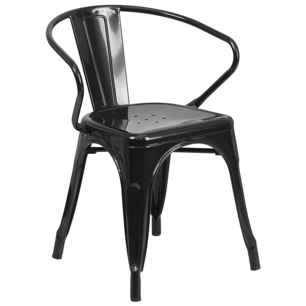 Flash Furniture CH-31270-BK-GG Black Stackable Galvanized Steel Chair with Arms, Vertical Slat Back, and Drain Hole Seat