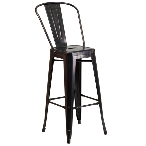 Flash Furniture CH-31320-30GB-BQ-GG 30" Black-Antique Gold Metal Indoor / Outdoor Bar Height Stool with Vertical Slat Back and Drain Hole Seat