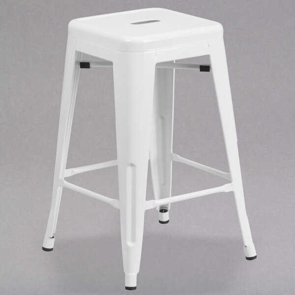 Flash Furniture CH-31320-24-WH-GG 24" White Stackable Metal Indoor / Outdoor Backless Counter Height Stool with Square Drain Seat