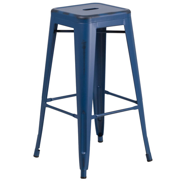Flash Furniture ET-BT3503-30-AB-GG 30" Distressed Antique Blue Stackable Metal Indoor / Outdoor Backless Bar Height Stool with Square Drain Seat
