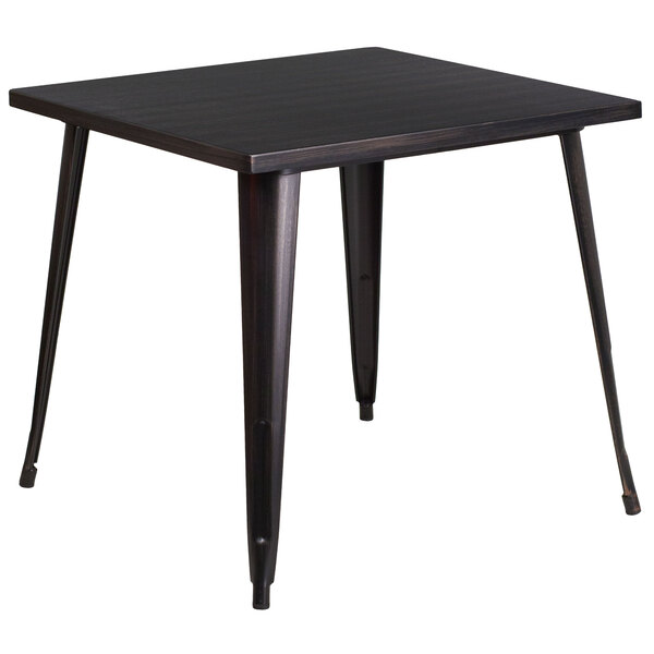 A Flash Furniture black metal square cafe table with legs.