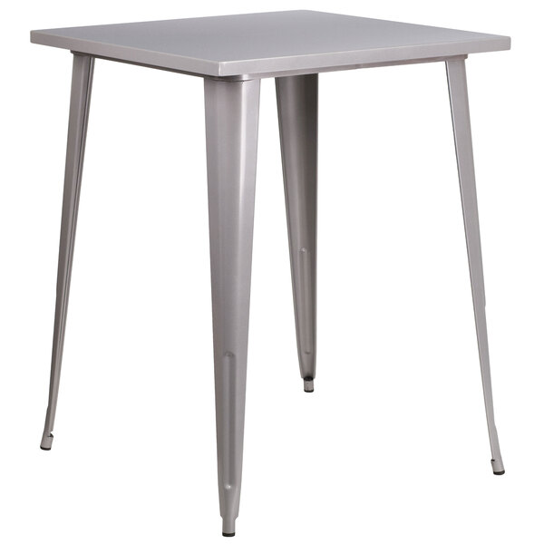 A Flash Furniture square silver metal bar height table with legs.