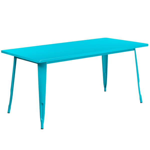 A teal blue rectangular Flash Furniture cafe table with metal legs.