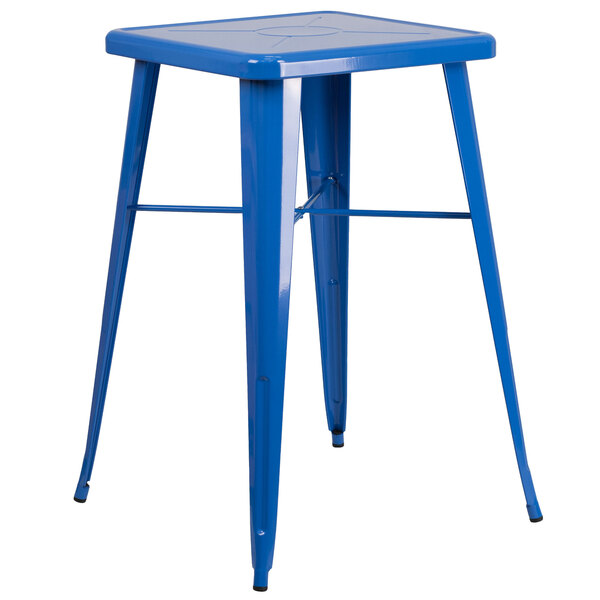 A blue Flash Furniture metal bar height table with legs.