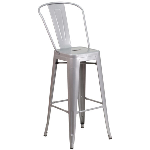 Flash Furniture CH-31320-30GB-SIL-GG 30" Silver Galvanized Steel Bar Height Stool with Vertical Slat Back and Drain Hole Seat
