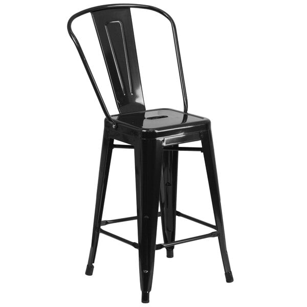A Flash Furniture black galvanized steel counter height stool with a vertical slat back.