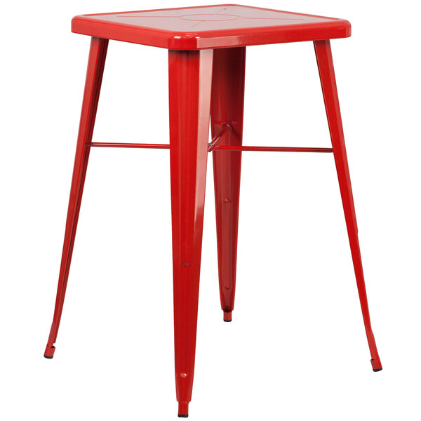 A red metal Flash Furniture square bar height table with legs.