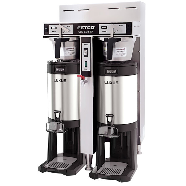 A stainless steel Fetco twin automatic coffee brewer.