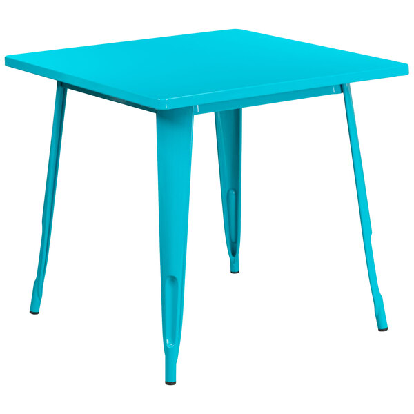 A teal blue square metal Flash Furniture cafe table.